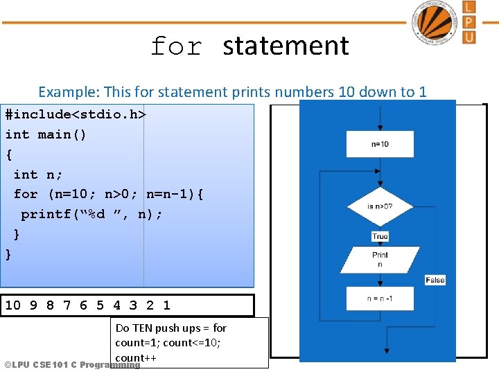 for statement Example: This for statement prints numbers 10 down to 1 #include<stdio. h>