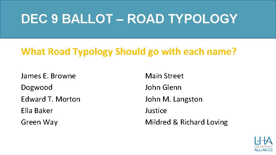 DEC 9 BALLOT – ROAD TYPOLOGY What Road Typology Should go with each name?
