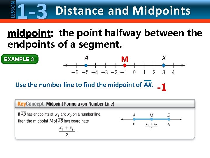 LESSON 1 -3 Distance and Midpoints midpoint: the point halfway between the endpoints of