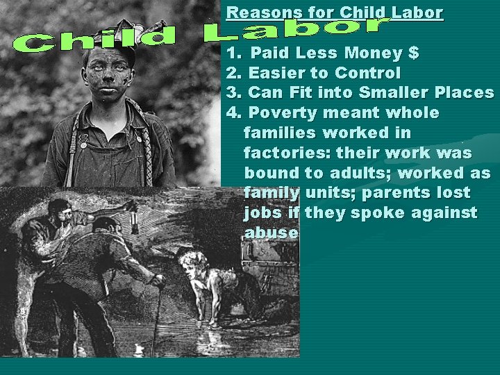 Reasons for Child Labor 1. Paid Less Money $ 2. Easier to Control 3.