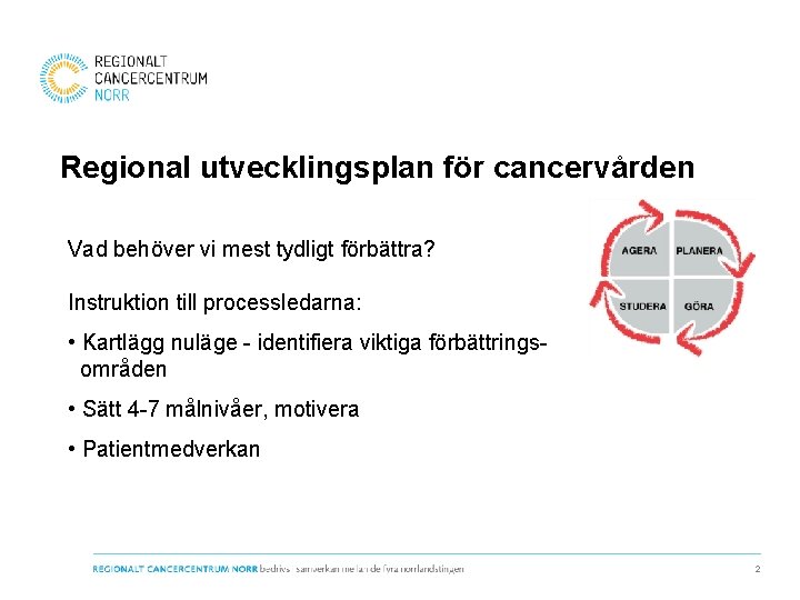 Regional utvecklingsplan för cancervården Vad behöver vi mest tydligt förbättra? Instruktion till processledarna: •