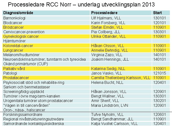 Processledare RCC Norr – underlag utvecklingsplan 2013 Diagnos/område Barnonkologi Blodcancer Bröstcancer Cervixcancer prevention Gynekologisk