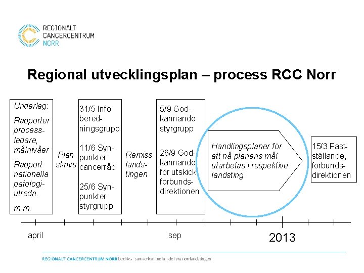 Regional utvecklingsplan – process RCC Norr Underlag: Rapporter processledare, målnivåer Rapport nationella patologiutredn. m.