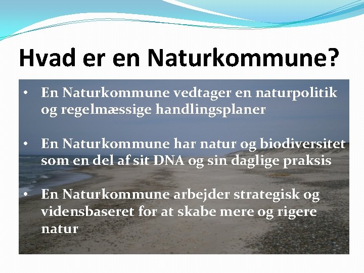 Hvad er en Naturkommune? • En Naturkommune vedtager en naturpolitik og regelmæssige handlingsplaner •