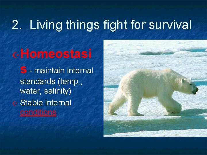 2. Living things fight for survival Homeostasi s - maintain internal standards (temp. ,