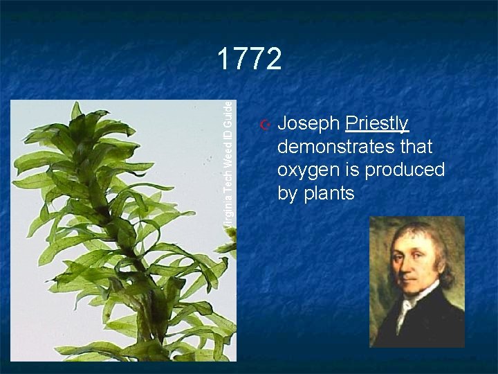 1772 Joseph Priestly demonstrates that oxygen is produced by plants 