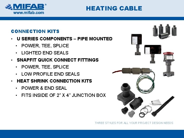 HEATING CABLE CONNECTION KITS • U SERIES COMPONENTS – PIPE MOUNTED • POWER, TEE,