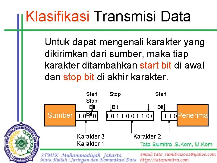 Klasifikasi Transmisi Data Untuk dapat mengenali karakter yang dikirimkan dari sumber, maka tiap karakter