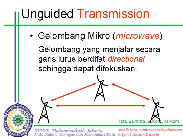 Unguided Transmission • Gelombang Mikro (microwave) Gelombang yang menjalar secara garis lurus berdifat directional