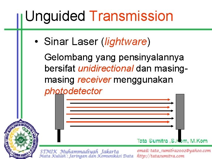 Unguided Transmission • Sinar Laser (lightware) Gelombang yang pensinyalannya bersifat unidirectional dan masing receiver