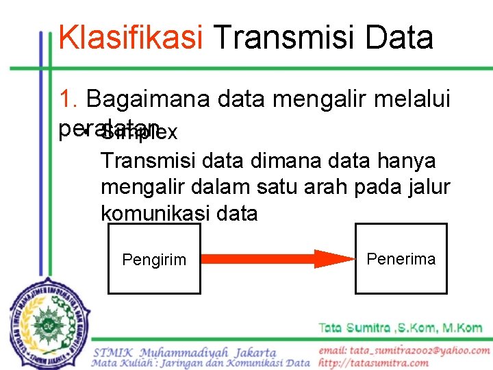 Klasifikasi Transmisi Data 1. Bagaimana data mengalir melalui peralatan • Simplex Transmisi data dimana