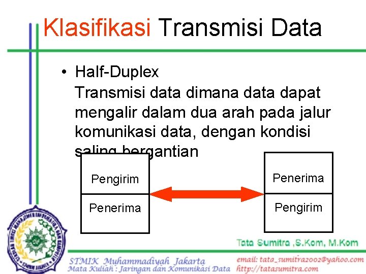 Klasifikasi Transmisi Data • Half-Duplex Transmisi data dimana data dapat mengalir dalam dua arah