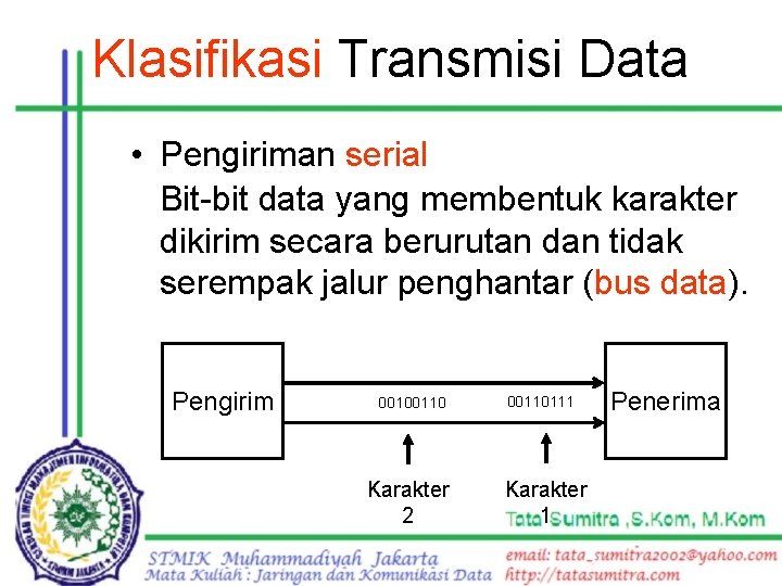 Klasifikasi Transmisi Data • Pengiriman serial Bit-bit data yang membentuk karakter dikirim secara berurutan