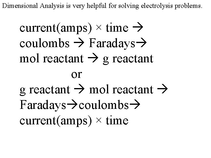 Dimensional Analysis is very helpful for solving electrolysis problems. current(amps) × time coulombs Faradays