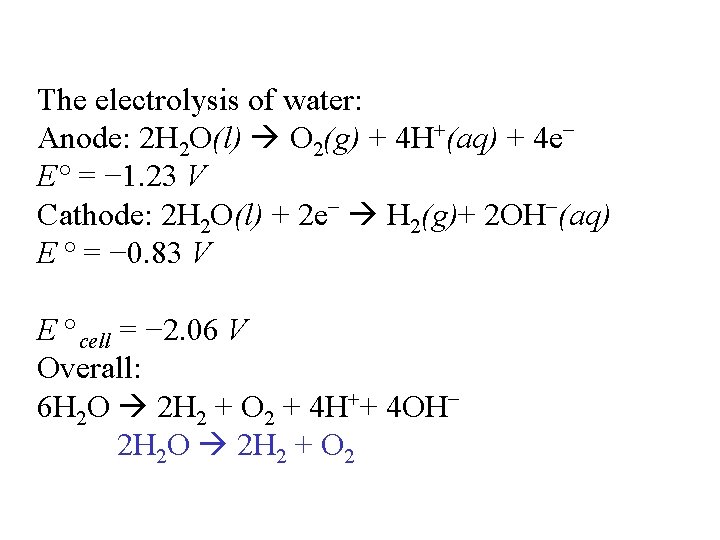 The electrolysis of water: Anode: 2 H 2 O(l) O 2(g) + 4 H+(aq)
