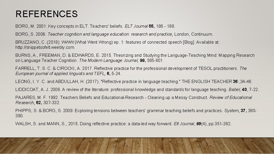 REFERENCES BORG, M. 2001. Key concepts in ELT. Teachers' beliefs. ELT Journal 55, 186