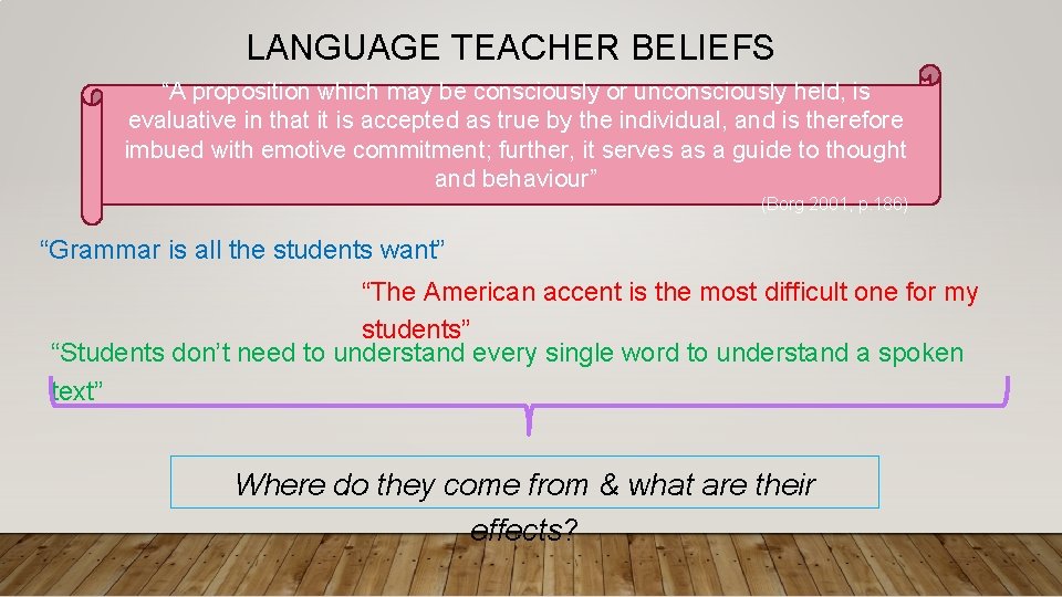 LANGUAGE TEACHER BELIEFS “A proposition which may be consciously or unconsciously held, is evaluative