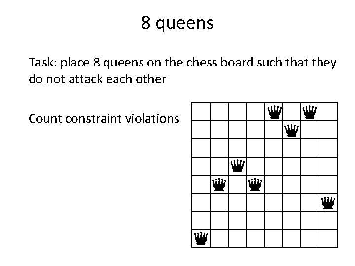 8 queens Task: place 8 queens on the chess board such that they do