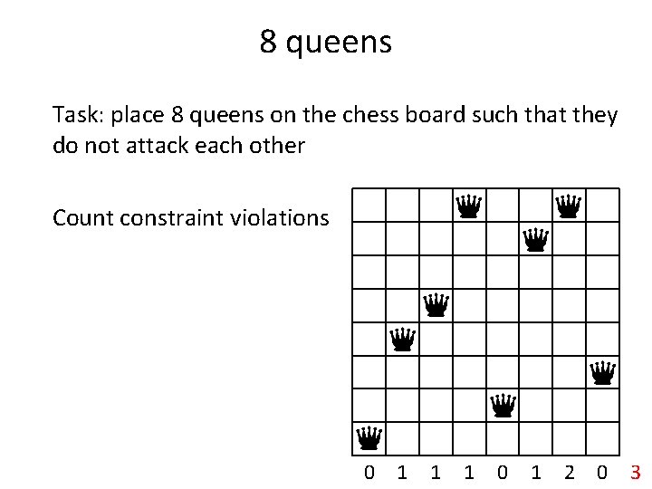 8 queens Task: place 8 queens on the chess board such that they do