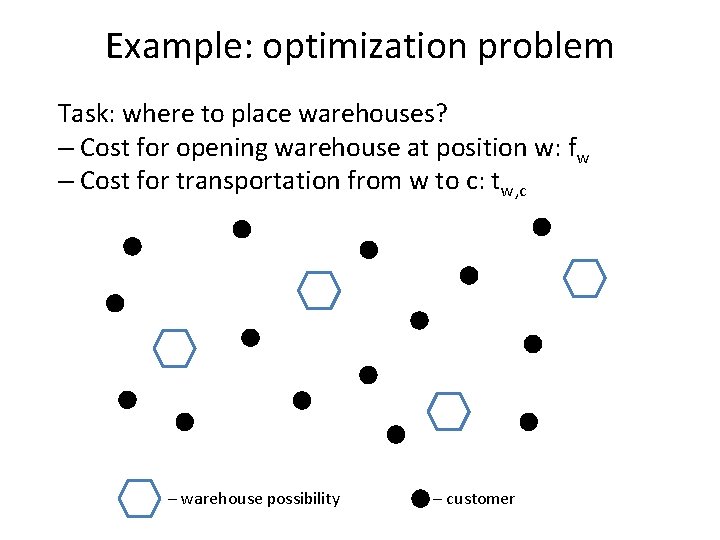 Example: optimization problem Task: where to place warehouses? – Cost for opening warehouse at