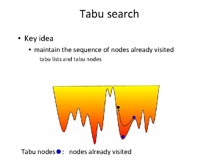 Tabu search • Key idea • maintain the sequence of nodes already visited tabu