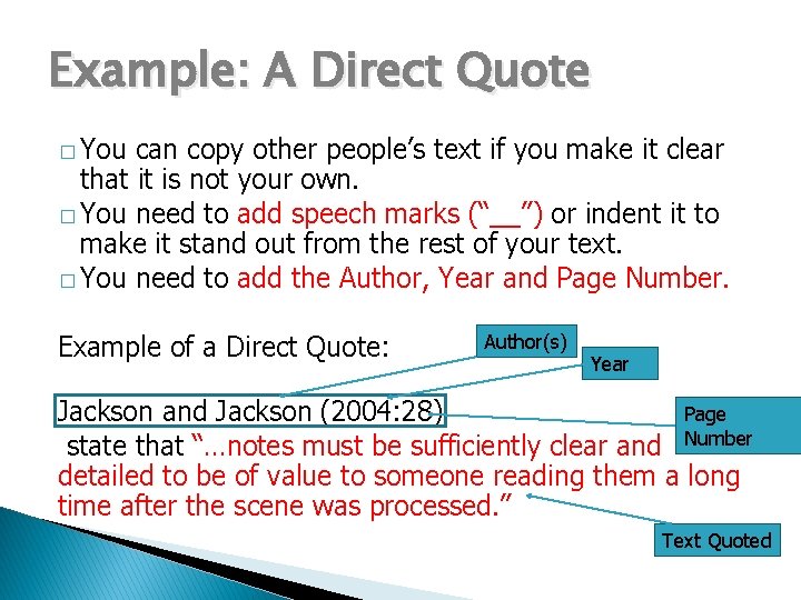 Example: A Direct Quote � You can copy other people’s text if you make