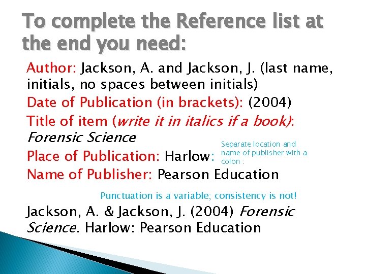 To complete the Reference list at the end you need: Author: Jackson, A. and