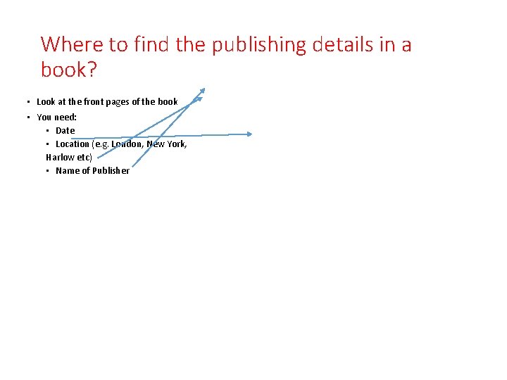 Where to find the publishing details in a book? • Look at the front