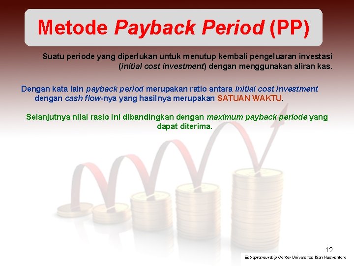 Metode Payback Period (PP) Suatu periode yang diperlukan untuk menutup kembali pengeluaran investasi (initial