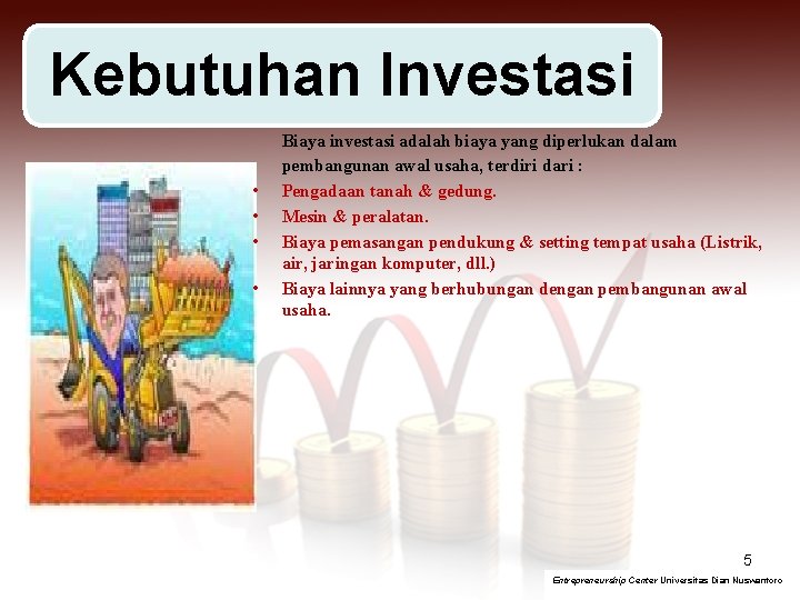 Kebutuhan Investasi • • Biaya investasi adalah biaya yang diperlukan dalam pembangunan awal usaha,