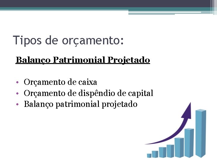 Tipos de orçamento: Balanço Patrimonial Projetado • Orçamento de caixa • Orçamento de dispêndio