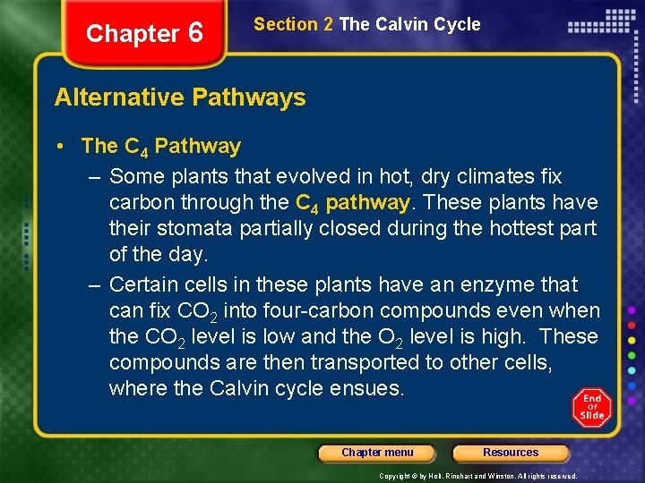 Chapter 6 Section 2 The Calvin Cycle Alternative Pathways • The C 4 Pathway
