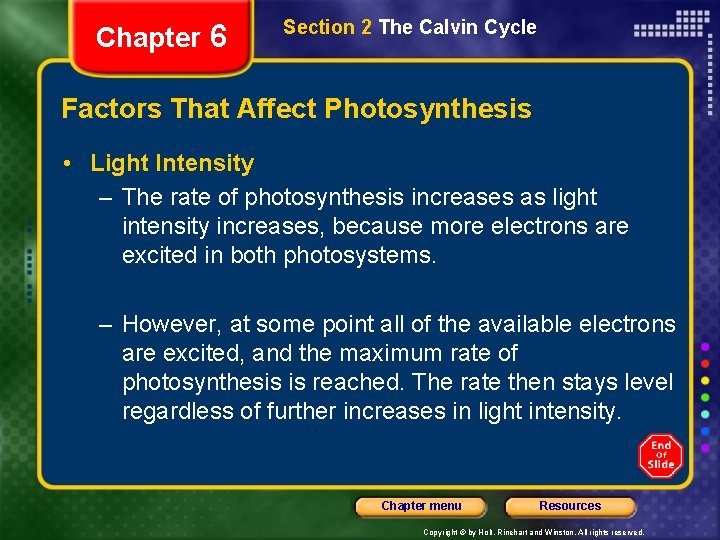 Chapter 6 Section 2 The Calvin Cycle Factors That Affect Photosynthesis • Light Intensity