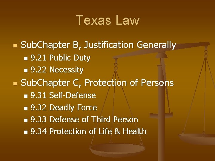 Texas Law n Sub. Chapter B, Justification Generally 9. 21 Public Duty n 9.