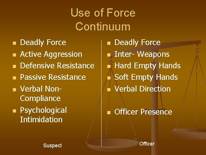 Use of Force Continuum n n n Deadly Force Active Aggression Defensive Resistance Passive