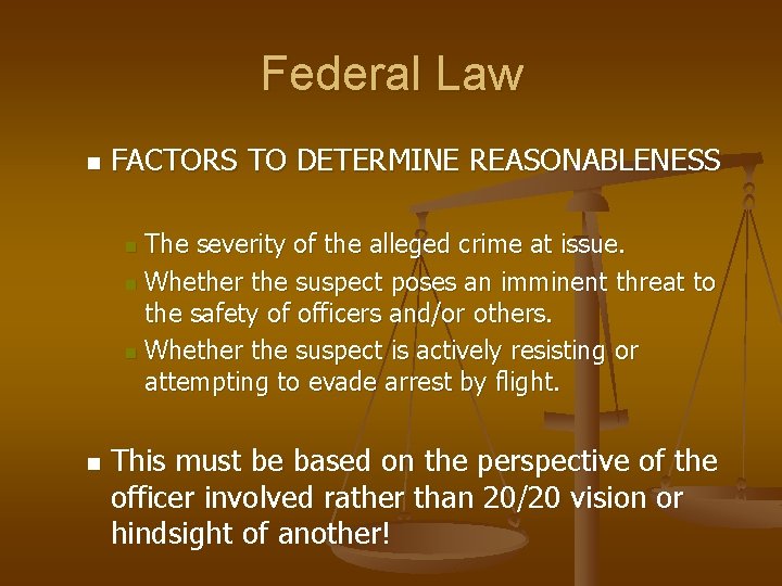 Federal Law n FACTORS TO DETERMINE REASONABLENESS The severity of the alleged crime at