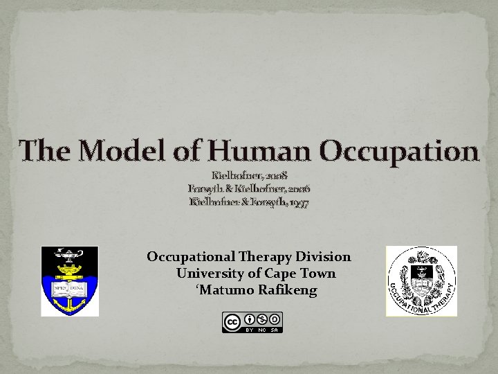 The Model of Human Occupation Kielhofner, 2008 Forsyth & Kielhofner, 2006 Kielhofner & Forsyth,