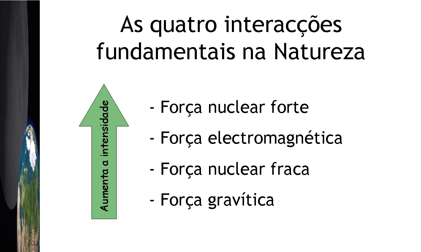 Aumenta a intensidade As quatro interacções fundamentais na Natureza - Força nuclear forte -