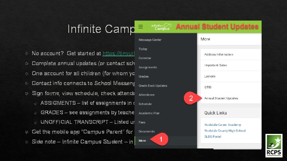 Infinite Campus Parent Portal No account? Get started at https: //tinyurl. com/y 4 egsu