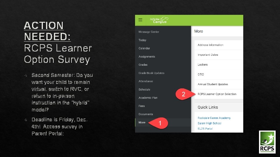 ACTION NEEDED: RCPS Learner Option Survey Second Semester: Do you want your child to