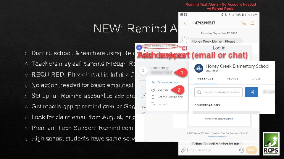 NEW: Remind App District, school, & teachers using Remind to send short alerts/reminders. Teachers