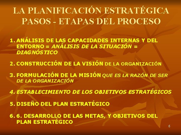 LA PLANIFICACIÓN ESTRATÉGICA PASOS - ETAPAS DEL PROCESO 1. ANÁLISIS DE LAS CAPACIDADES INTERNAS