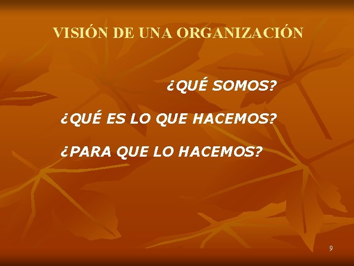 VISIÓN DE UNA ORGANIZACIÓN ¿QUÉ SOMOS? ¿QUÉ ES LO QUE HACEMOS? ¿PARA QUE LO