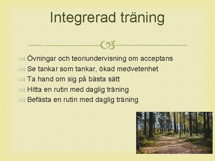 Integrerad träning Övningar och teoriundervisning om acceptans Se tankar som tankar, ökad medvetenhet Ta