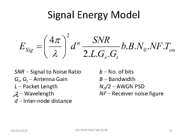 Signal Energy Model SNR – Signal to Noise Ratio Gr, Gt – Antenna Gain Signal Energy Model SNR – Signal to Noise Ratio Gr, Gt – Antenna Gain