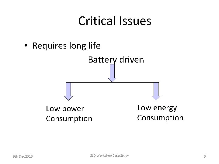 Critical Issues • Requires long life Battery driven Low power Consumption 9 th Dec Critical Issues • Requires long life Battery driven Low power Consumption 9 th Dec