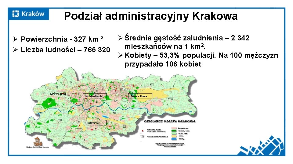 Podział administracyjny Krakowa Ø Średnia gęstość zaludnienia – 2 342 Ø Powierzchnia - 327