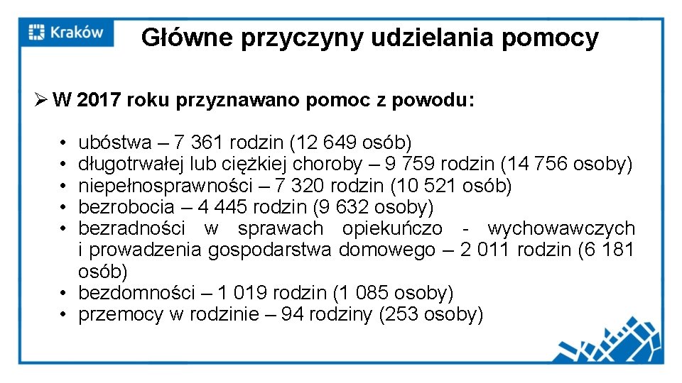 Główne przyczyny udzielania pomocy Ø W 2017 roku przyznawano pomoc z powodu: • •