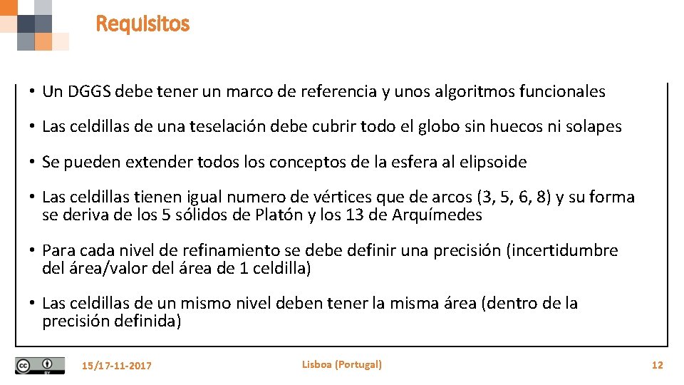 Requisitos • Un DGGS debe tener un marco de referencia y unos algoritmos funcionales