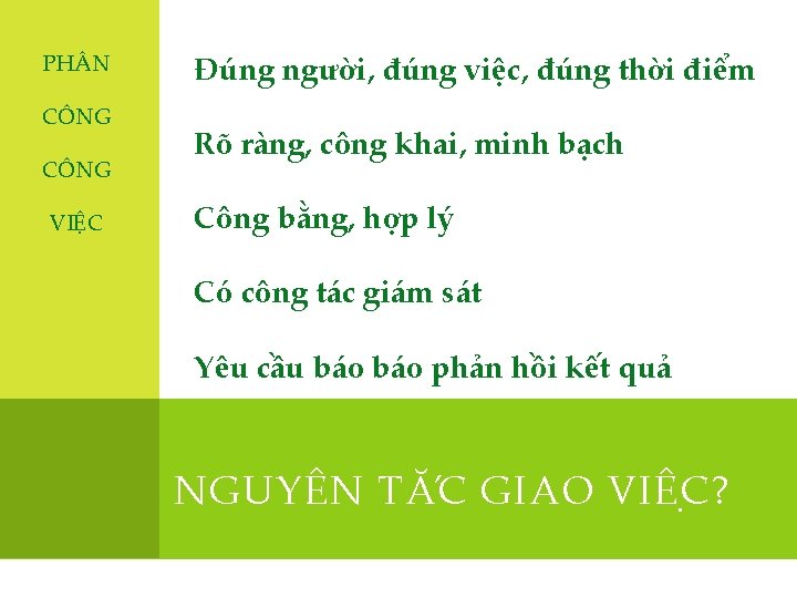 PH N CÔNG VIỆC Đúng người, đúng việc, đúng thời điểm Rõ ràng, công